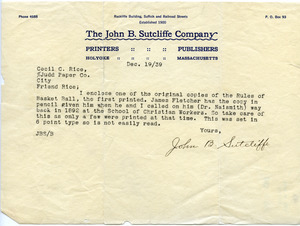 John B. Sutcliffe letter to Cecil C. Rice