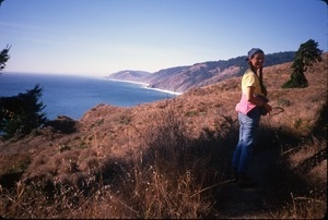 Sandi Sommer on headlands overlooking Pacific Ocean on Mendocino Coast