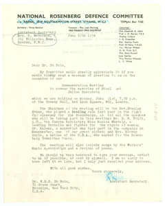 Letter from W. E. B. Du Bois to National Rosenberg Defence Committee