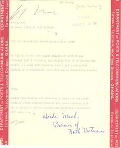Telegram from Premier of North Vietnam to Mrs. W. E. B. Du Bois