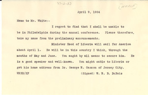 Memo from W. E. B. Du Bois to Walter Francis White