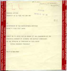 Telegram from Hungarian Academy of Sciences to Secretariat of the Encyclopedia Africana