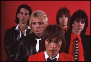 The Cars, photo shoot for Candy-O: (from left) Ric Ocasek, Benjamin Orr, Greg Hawkes, Elliot Easton, and David Robinson