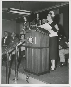 Helen Menken behind podium at Institute Day