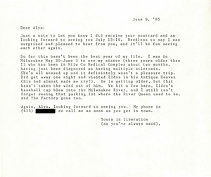 Correspondence from Lou Sullivan to Alyn Hess (June 9, 1985)