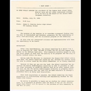 Fact sheet about the open public hearing about Campus High School to be held by the board of the Boston Redevelopment Authority