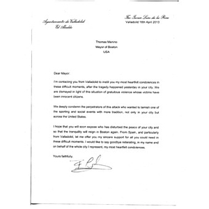 Letter from Javier Leon de la Riva, mayor of Valladolid, Spain, to Mayor Thomas Menino