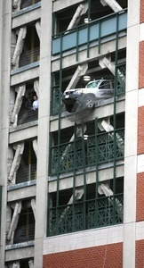 Providence Place Mall: car hangs over fourth floor of the garage