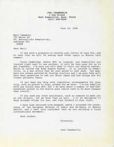 Letter from Judi Chamberlin to Mari Yamamoto