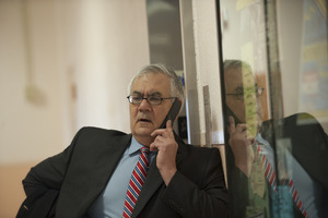 Congressman Barney Frank talking on a cellphone, UMass Amherst