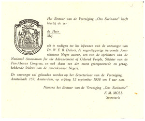 Invitation to Reception honouring W. E. B. Du Bois