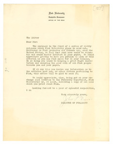 Circular letter from Fisk University to the editor of The Crisis