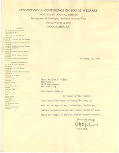 Letter from Pennsylvania Conference on Social Work to W. E. B. Du Bois