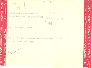 Telegram from Helen and Sam Rosen to Mrs. W. E. B. Du Bois
