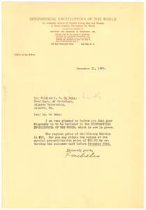 Letter from Institute of Research in Biography to W. E. B. Du Bois