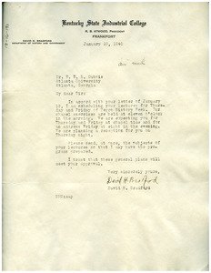 Letter from Kentucky State Industrial College to W. E. B. Du Bois