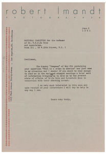 Letter from John Hurwitz to National Committee to Defend Dr. W. E. B. Du Bois and Associates in the Peace Information Center