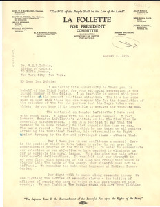 Letter from La Follette for President Committee to W. E. B. Du Bois