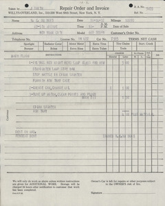 Willys-Overland repair order and invoice