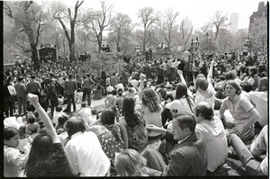 Demonstration at State House against the killings at Kent State: protesters on State House steps applauding and raising fists