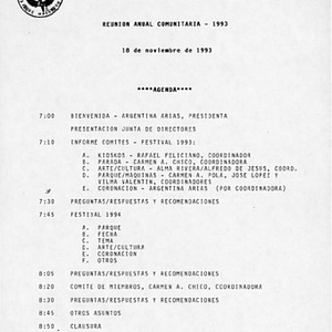 Agenda from Festival Puertorriqueño de Massachusetts, Inc. annual community meeting on November 18, 1993