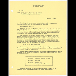 Memorandum from Betty Draper, Information Specialist and Muriel Snowden, Associate Director about the new Police-Community Committee of Division 9 and meeting on December 15, 1966