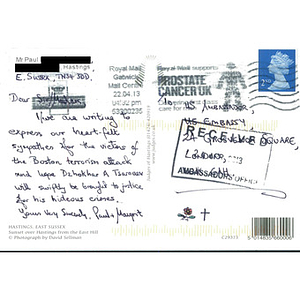 Postcard expressing sympathy sent to the United States Ambassador to the United Kingdom