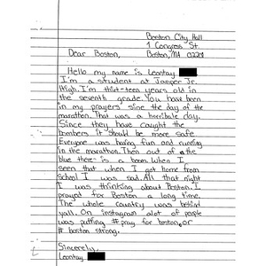 Letter to the city of Boston from a student at Jasper Junior High School (Jasper, Texas)