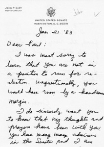 Letter from John P. East to Paul Tsongas
