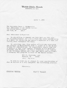 Letter to Jeane J. Kirkpatrick from Paul E. Tsongas and Edward M. Kennedy regarding World Peace Day