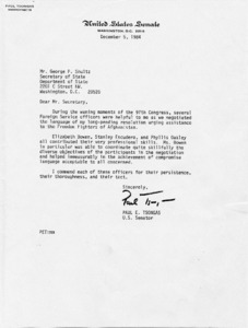 Letter to George P. Shultz from Senator Paul E. Tsongas commending the officers who assisted in negotiating the resolution urging assistance to the Freedom Fighters of Afghanistan