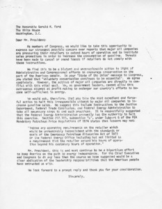 Draft of Letter to Gerald R. Ford regarding major oil companies pressuring retailers to implement methods to increase consumption of gasoline