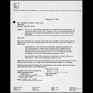 E.T.C. & Associates application for authorization and approval of a project under Mass. G. L. chapter 121A, as amended; filing of approval by the Boston Redevelopment Authority and Mayor Kevin H. White.
