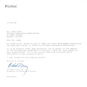 Correspondence regarding the Lotus Development Corporation's Philanthropy Program awarding the Chinese Progressive Association Workers' Center a $15,000 grant