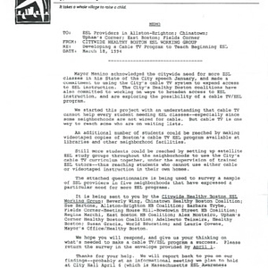 Memo and letter regarding Mayor Menino's acknowledgement of the growing need for ESL support services in the Boston area, and a plan to create a broadcasting television program for expanding ESL services