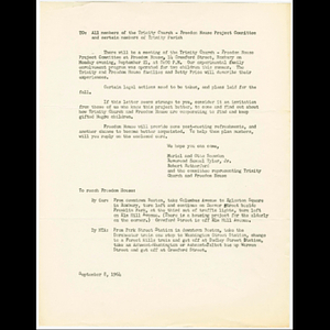 Invitation to Trinity Church - Freedom House Project Committee meeting on September 21, 1964