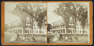 Stereograph of a group of people playing golf on a lawn, Amherst, N.H., undated