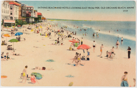 Bathing beach and hotels looking east from pier, Old Orchard Beach, Maine