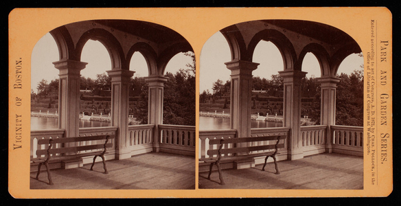 Stereograph of gardens from the water pavilion, Hunnewell Estate, Wellesley, Mass.