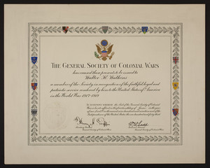 General Society of Colonial Wars membership certificate