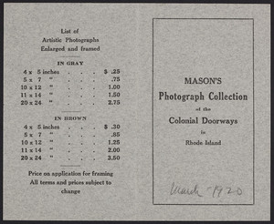 Mason's photograph collection of the colonial doorways in Rhode Island, Harold Mason, 253 Waterman Street, Providence, Rhode Island, undated