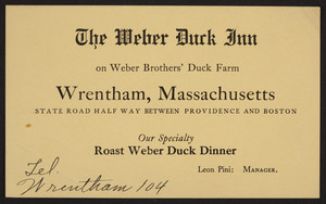 Trade card for The Weber Duck Inn, restaurant, State Road, Wrentham, Mass., undated