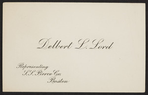 Business card for Delbert L. Lord, S.S. Pierce Co., Boston, Mass., undated