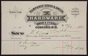 Billhead for Humphrey, Dodge & Smith, jobbers & retailers in hardware, iron & steel, Concord, New Hampshire, dated December 29, 1885