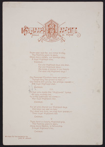 Song written for the occasion by John H. Jewett, Highland Military Academy, Worcester, Mass., undated