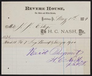 Billhead for the Revere House, corner Main and Elliot Streets, Brattleboro, Vermont, dated May 1, 1874