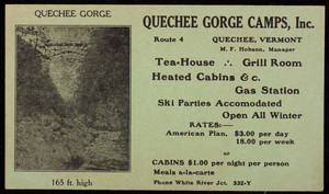 Trade card for the Quechee Gorge Camps, Inc., Route 4, Quechee, Vermont, undated