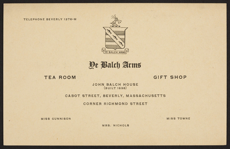 Trade card for John Balch House, tea room, gift shop, Cabot Street, Beverly, Mass., undated