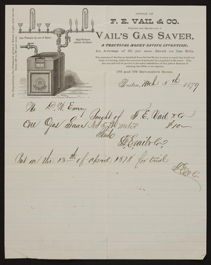 Letterhead for F.E. Vail & Co., proprietors and manufacturers of Vail's Gas Saver, 176 & 178 Devonshire Street, Boston, Mass., dated March 5, 1879