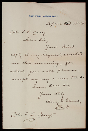 Henry E. Eland to Thomas Lincoln Casey, April 2, 1886